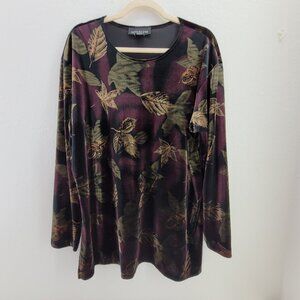 VTG Impressions Top Women's L Purple Eggplant Green Leaves Tunic Long Sleeve
